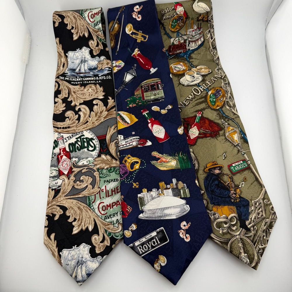 Tabasco‎ Silk 3 Neckties Set Mens OS Multicolor Jazz New Orleans Avery Island 4"